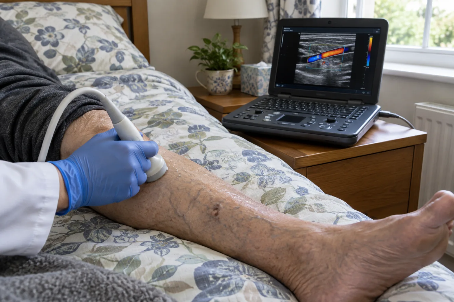 Mano con guanto che esegue un ecodoppler alla gamba di un paziente a letto, con l'ecografo portatile sul comodino