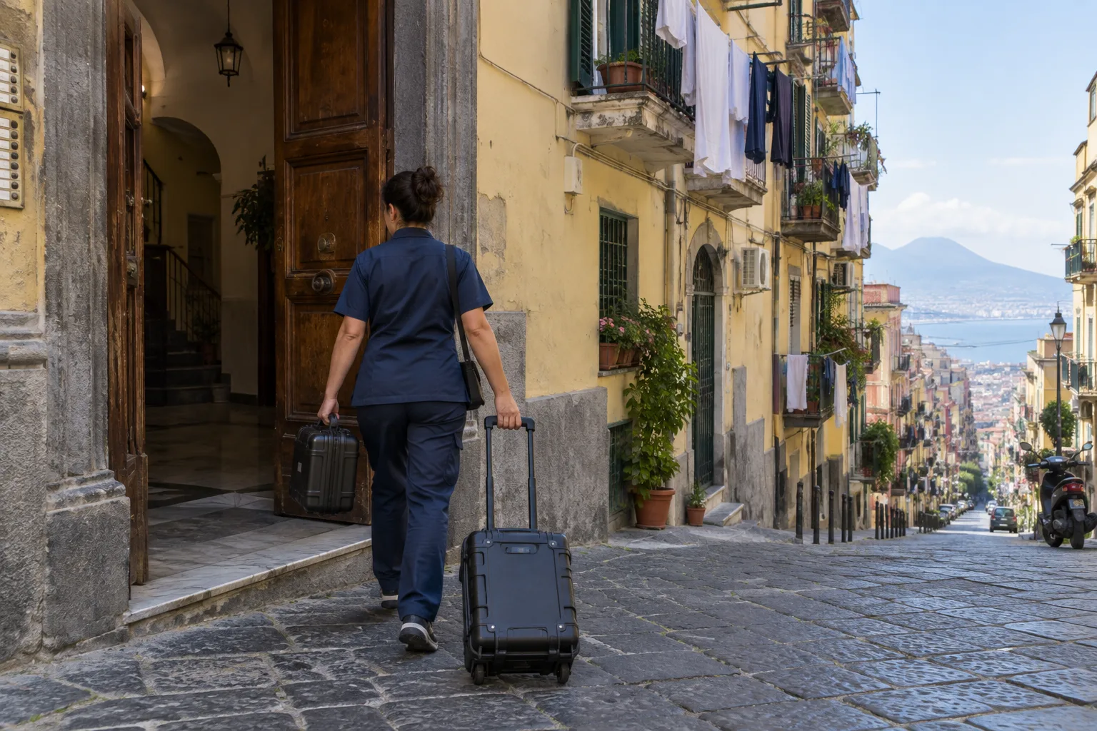 Una tecnica con valigie per l'attrezzatura portatile entra nel portone di un palazzo in una strada di Napoli