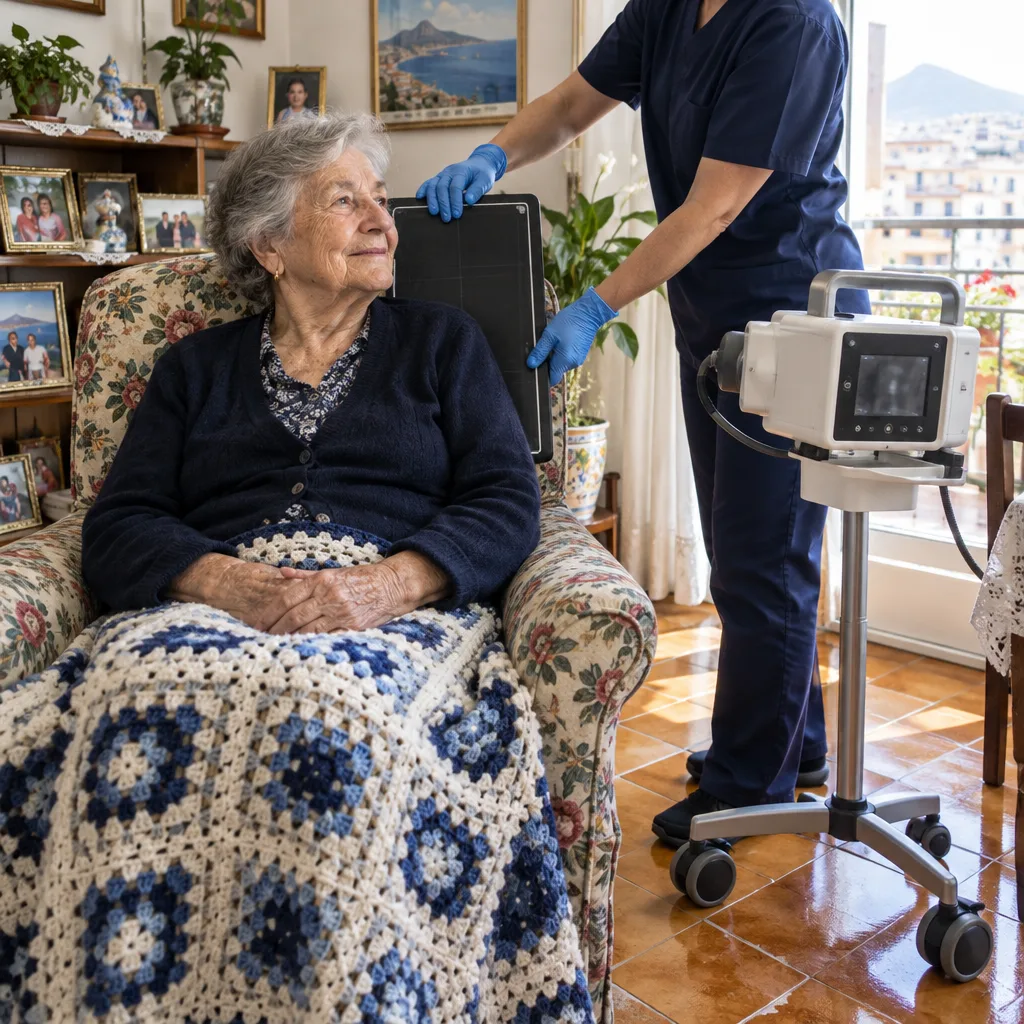 Una signora anziana seduta in poltrona nel suo soggiorno mentre una tecnica posiziona il pannello della radiografia portatile